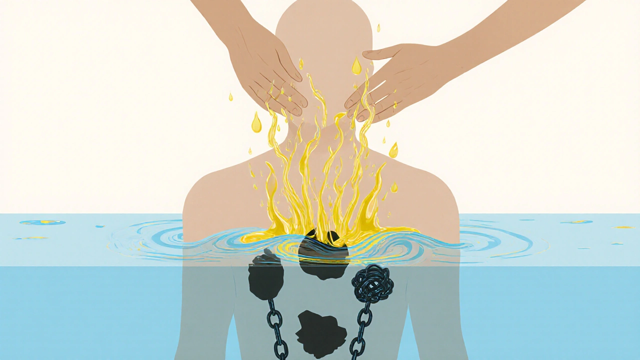 Abstraktní obrázek těla, které uvolňuje emocionální zátěž ve formě vln a stínů, symbolizující uvolnění.