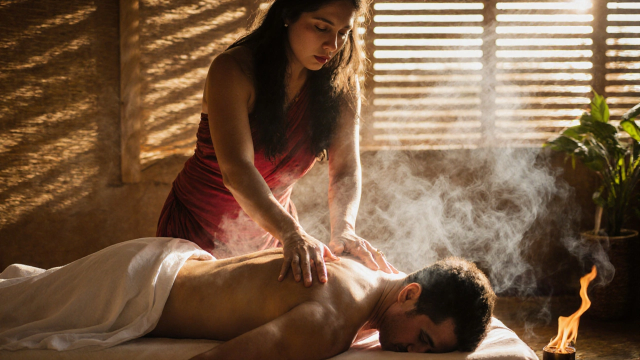 Havajský kahuna provádí Lomi Lomi masáž s pohyby podobnými vlnám, v teplém, kouřovém světle.