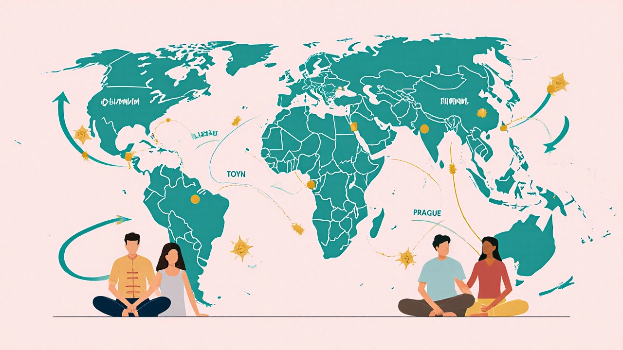 Mapa světa s propojenými městy a lidmi při čínské masáži.