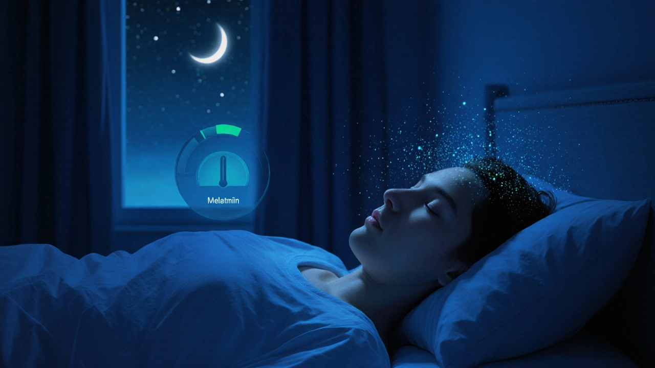 Spící osoba obklopená modrými světelnými částicemi melatoninu pod hvězdnou oblohou.