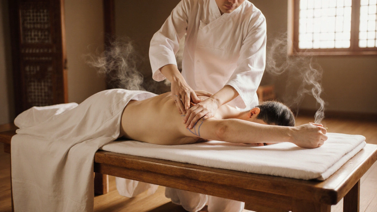 Terapeut provádí Tui Na tlak na klientovi v útulném studiu.