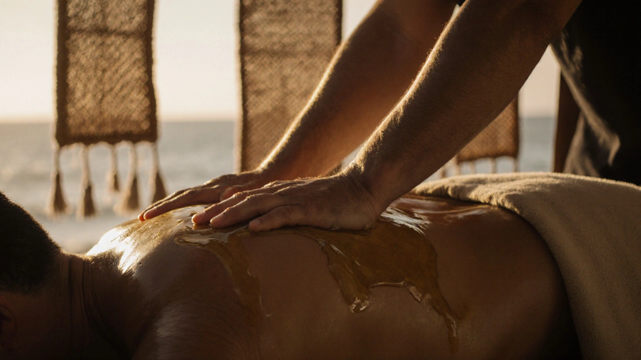 Detail rukou maséra provádějícího masáž s přirozenými oleji na zádech klienta.