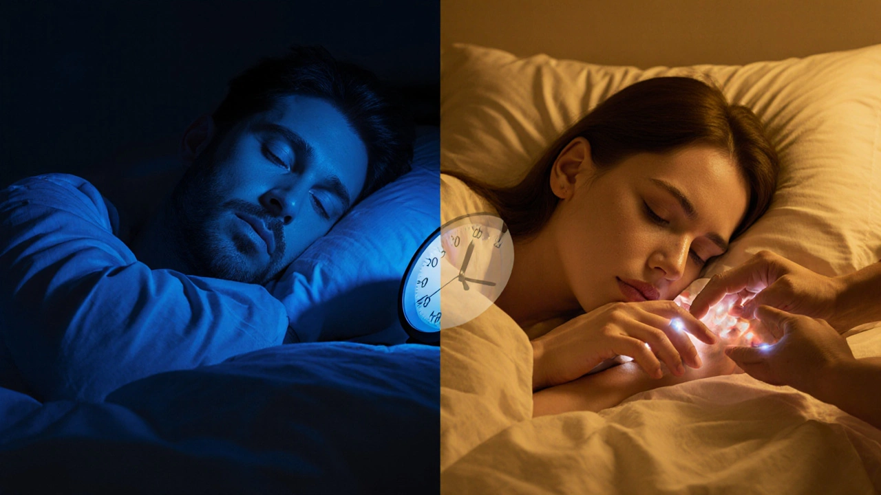 Dvě strany jednoho obrazu: jedna ukazuje nespavost, druhá klidný spánek s vyznačenými body tlaku.