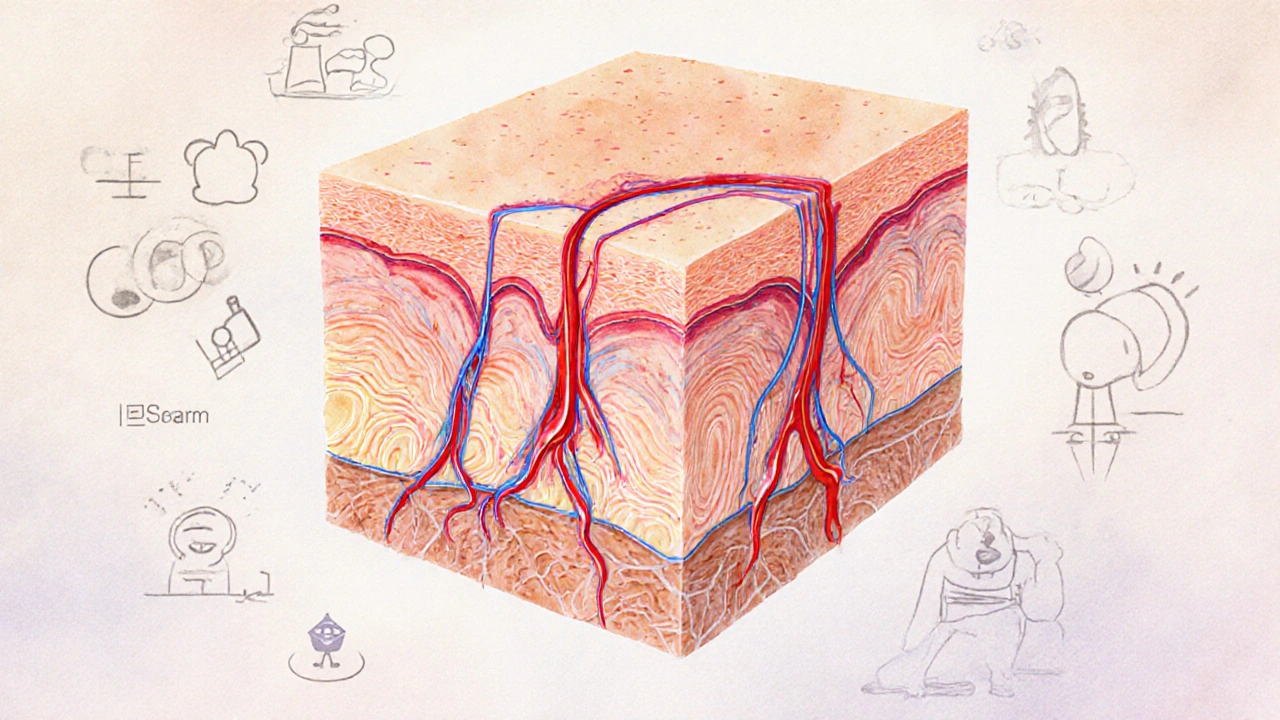 Křížový řez kůže ukazující zvýšený krevní oběh a stimulaci kolagenu díky masáži.