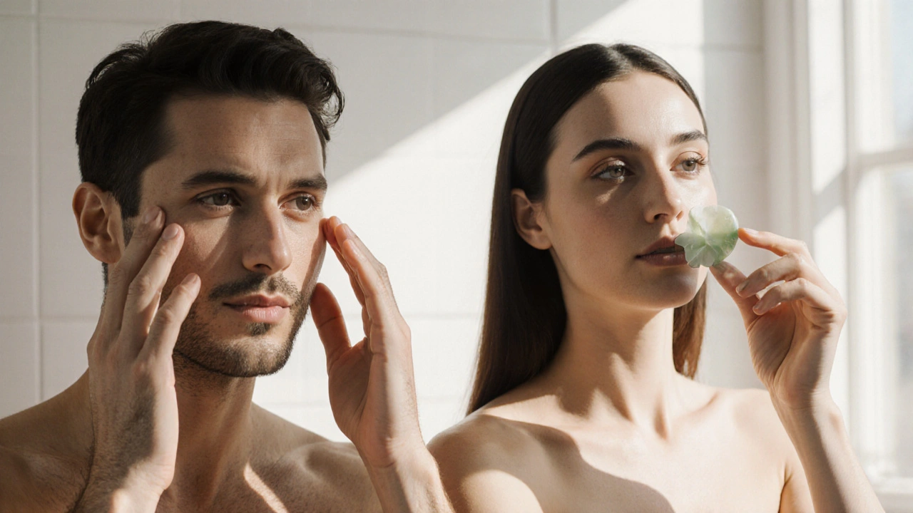 Muž a žena s oživenou pokožkou, jedna provádí masáž prsty, druhá používá gua sha nástroj.