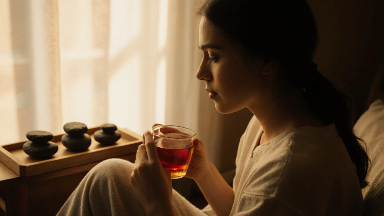 Osoba po masáži sedí u okna s šálkem čaje, slunce a klidná nálada.