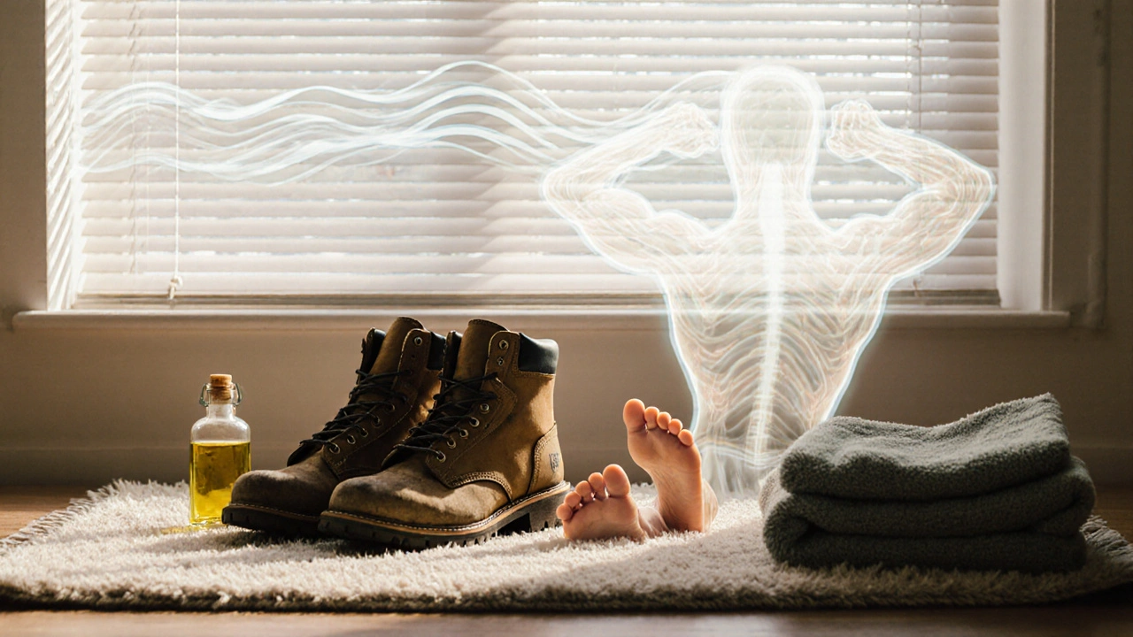 Pár bot a nahé nohy na koberci, symbolizující odpočinek po náročném dni.