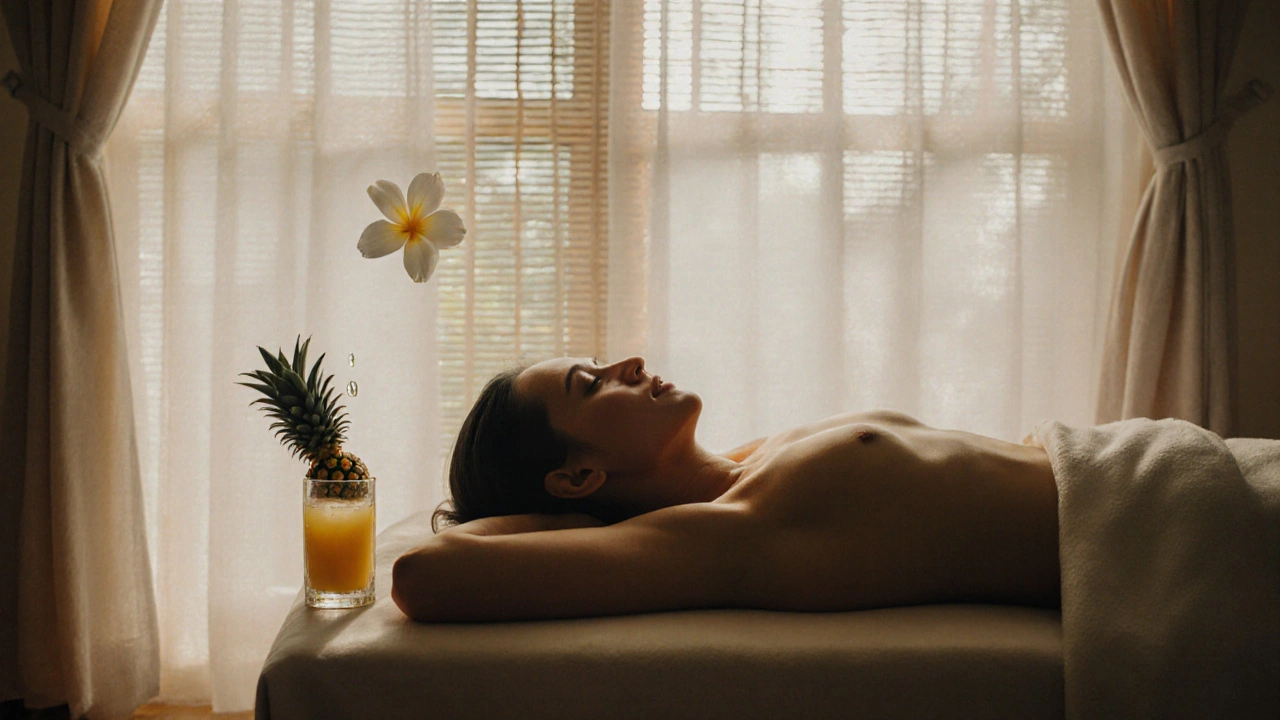 Pokojný okamžik po masáži s kápní čerstvého ananasového džusu a květem plumerie.