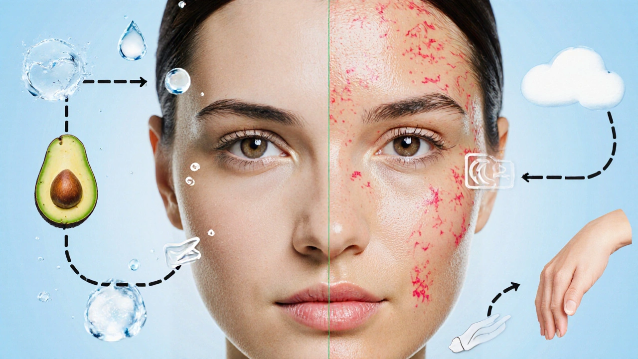 Porovnání staré a obnovené kůže spojené denními návyky: pití vody, spánek a masáž.