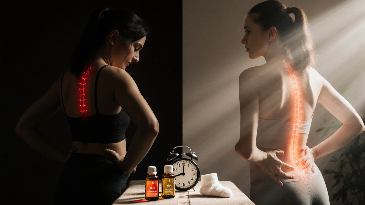 Před a po: žena přechází od bolesti k klidu po porodní masáži, s vizuálními znaky obnovy těla.