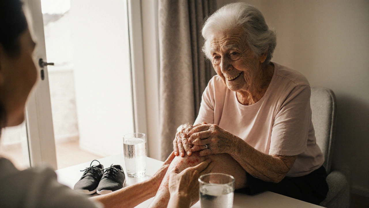 Starší žena doma jemně masíruje jizvu na noze pod vedením terapeuta.