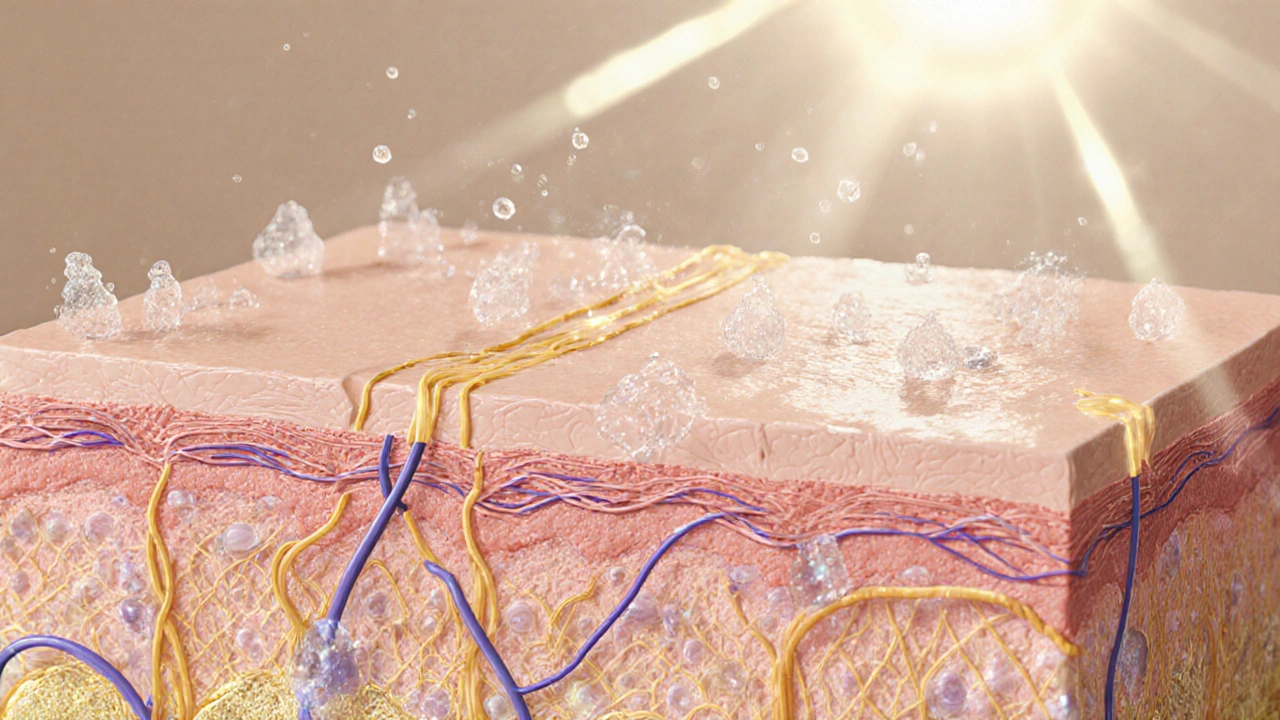 Symbolický výřez kůže s kolagenem, elastinem a hyaluronovou kyselinou jako živými strukturami.