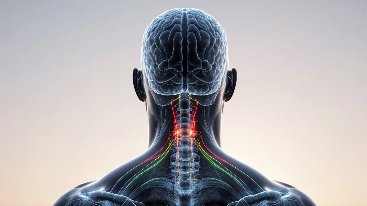 Tělo s jemnými zlatými spojemi mezi svaly a mozkem, symbolizující obnovu komunikace těla a mysli.