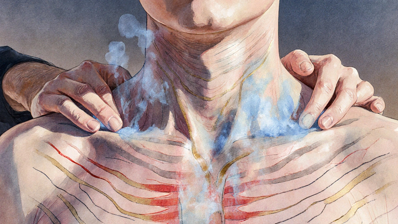 Tělo vyobrazeno jako vodová barva s vlnami uvolnění a rozptylující se napětí.