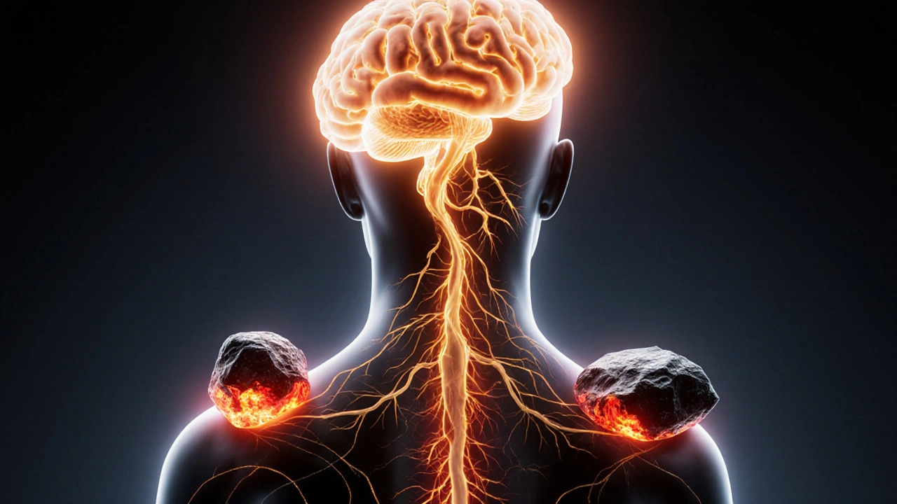 Teplé záře z lávových kamenů vyznačují energetické cesty v těle k mozku.