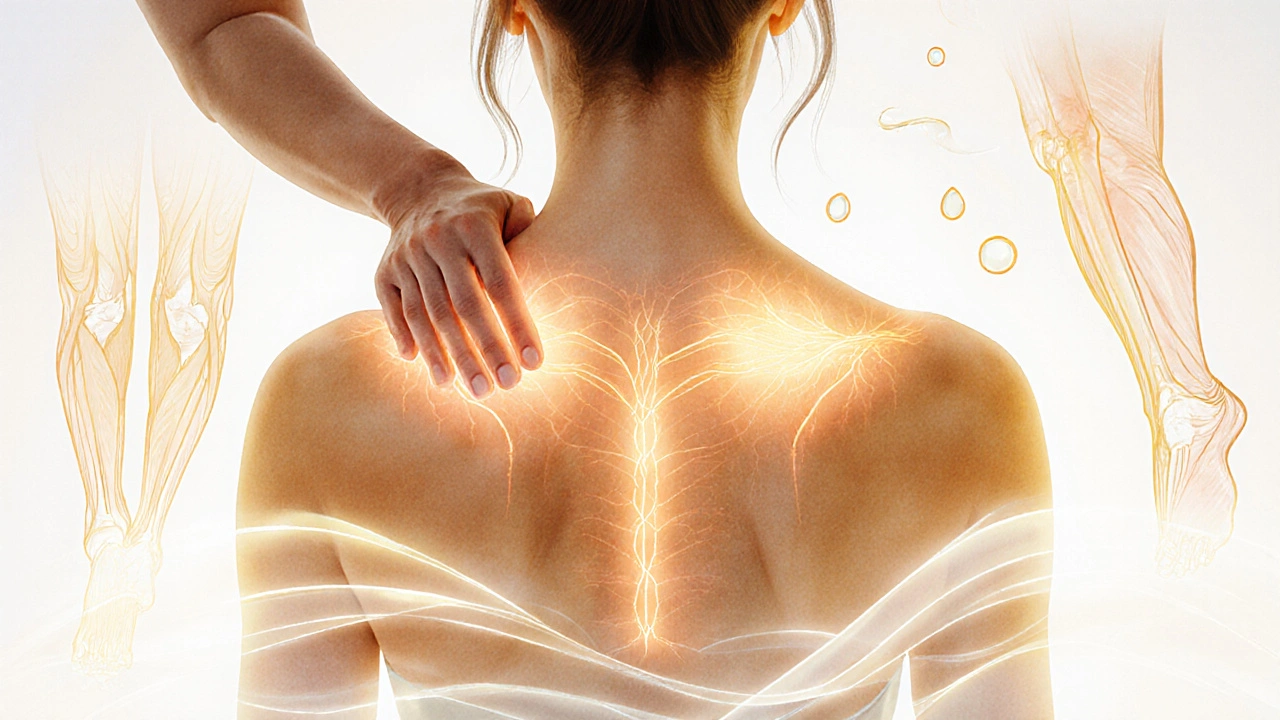 Uvolnění napětí v zádech nové matky pomocí jemných pohybů, symbolizovaných zlatým světlem a odtokem tekutin.