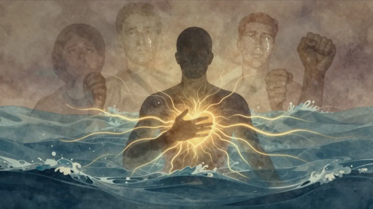 Abstraktní obraz člověka v mořských vlnách, z jeho srdce vycházejí zlaté energie, které mizí vzpomínky.