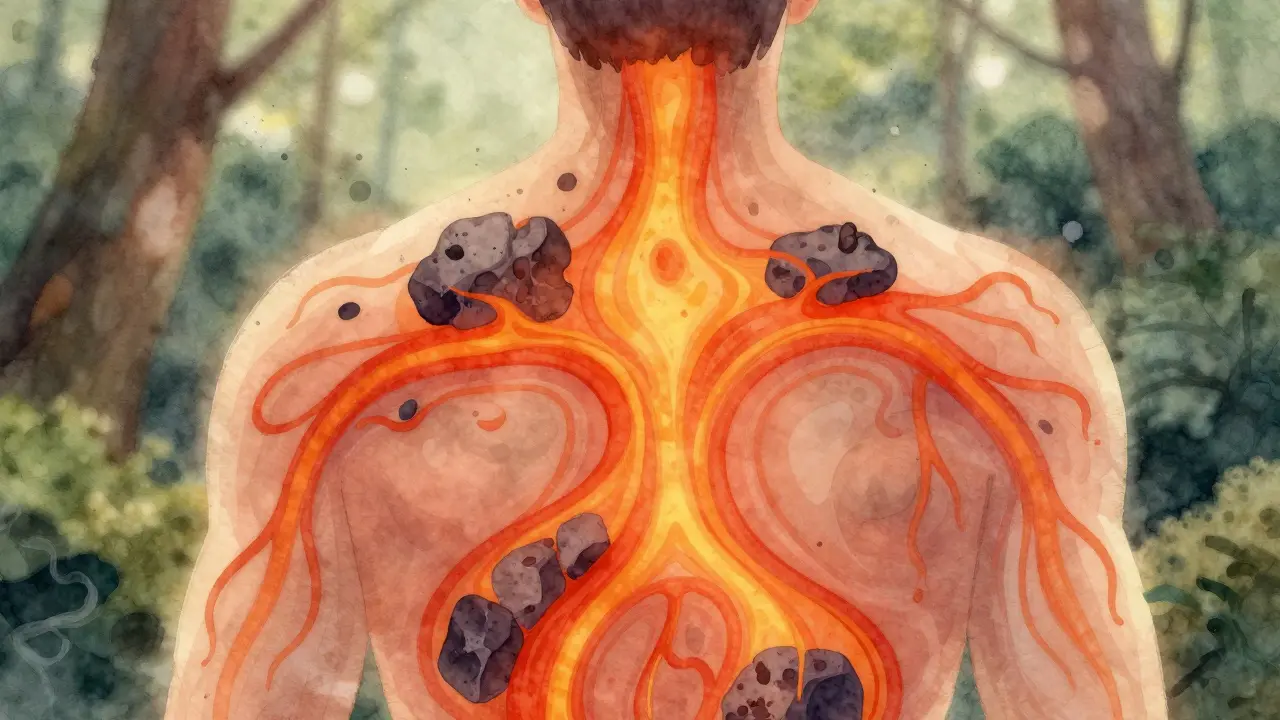 Abstraktní vodová barva znázorňující teplo a detoxikaci v zádech.