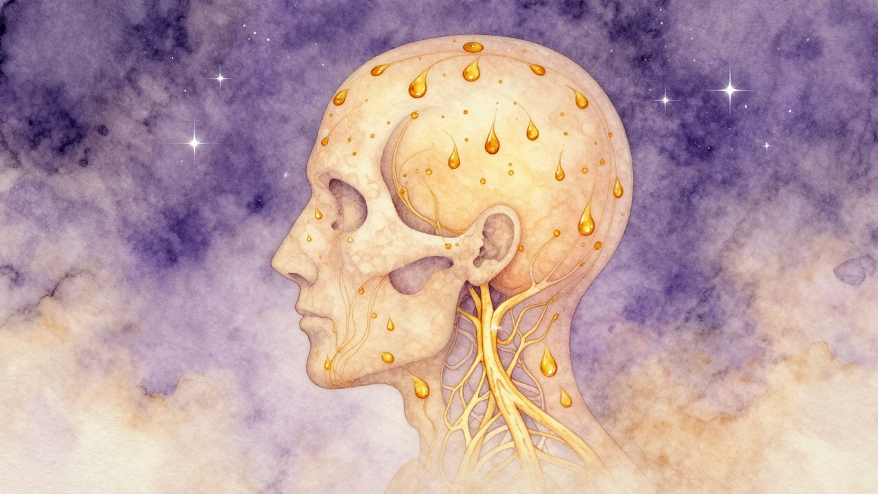 Abstraktní vodová barva znázorňující uklidňující tok oleje po akupresurních bodech hlavy.