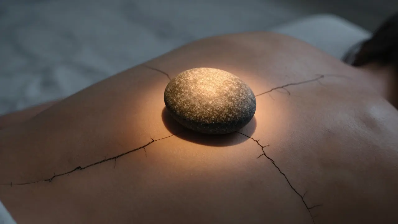 Blízký detail lávového kamene na zádech s vyznačeným uvolněním napětí.