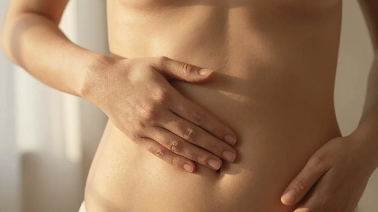 Dvě ruce se dotýkají břicha a boku — jemný dotek bez cíle, v teplém světle a klidné atmosféře.