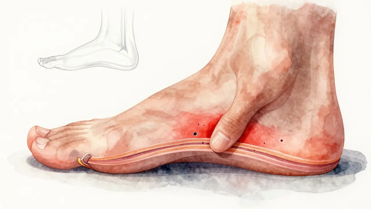 Křížový řez nohy s vyobrazením zánětlivé plantární fascie a masážní techniky.