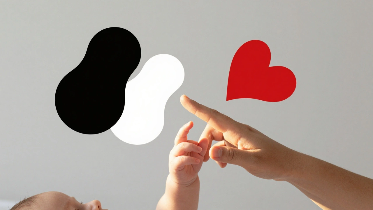 Miminko se snaží dosáhnout na rodičovu prst, osvětleno zlatým světlem, za nimi kontrastní barvy.