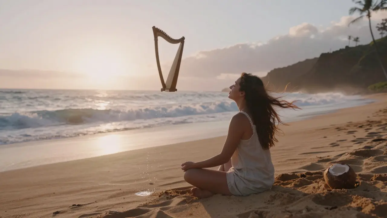 Osoba sedí na písku u moře na východu, vlny a větřík ji obklopují, olejové kapky září v slunci.