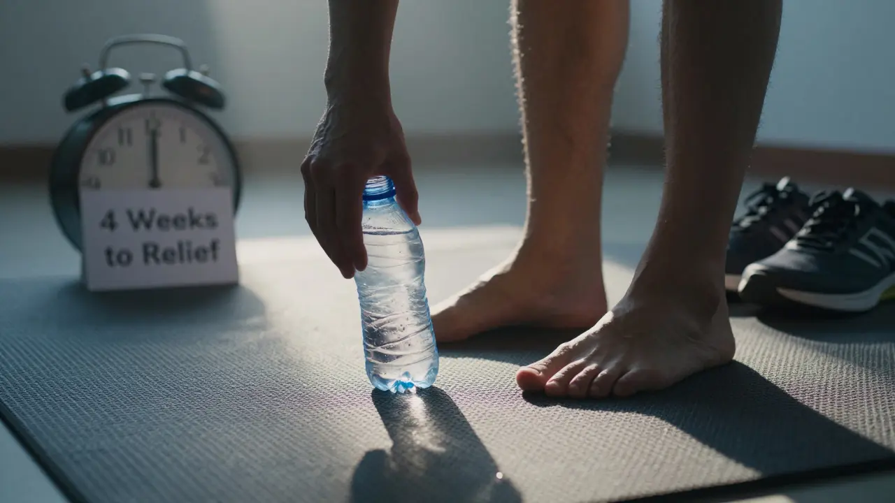 Osoba si doma masíruje patu ledovým míčkem ráno, symbolizující léčbu bolesti.