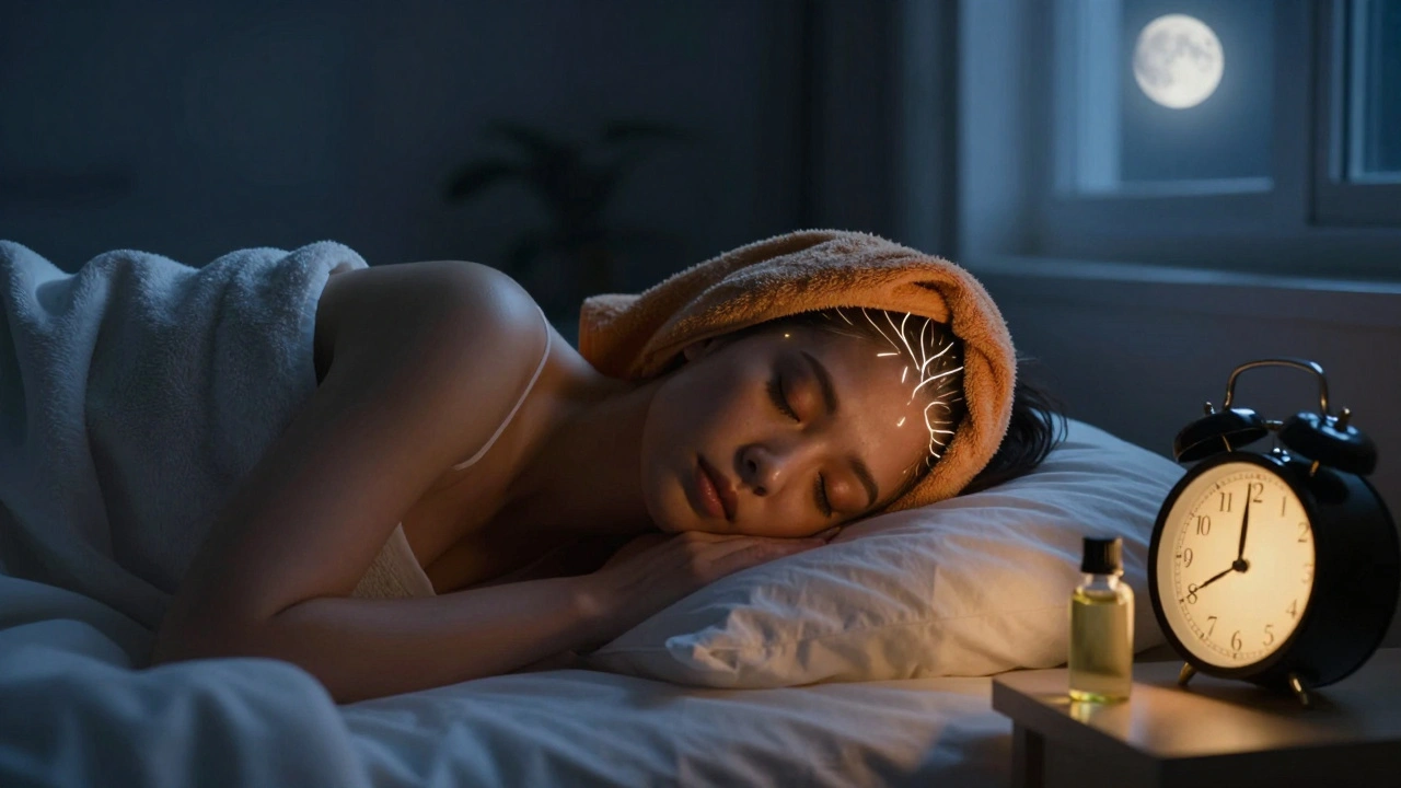 Osoba spí s teplým ručníkem na hlavě, symbolizující hluboký přirozený spánek.