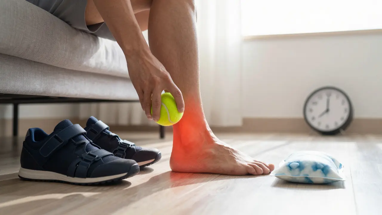 Pacient valcuje tenisový míček pod nohou doma ráno jako součást denní péče.