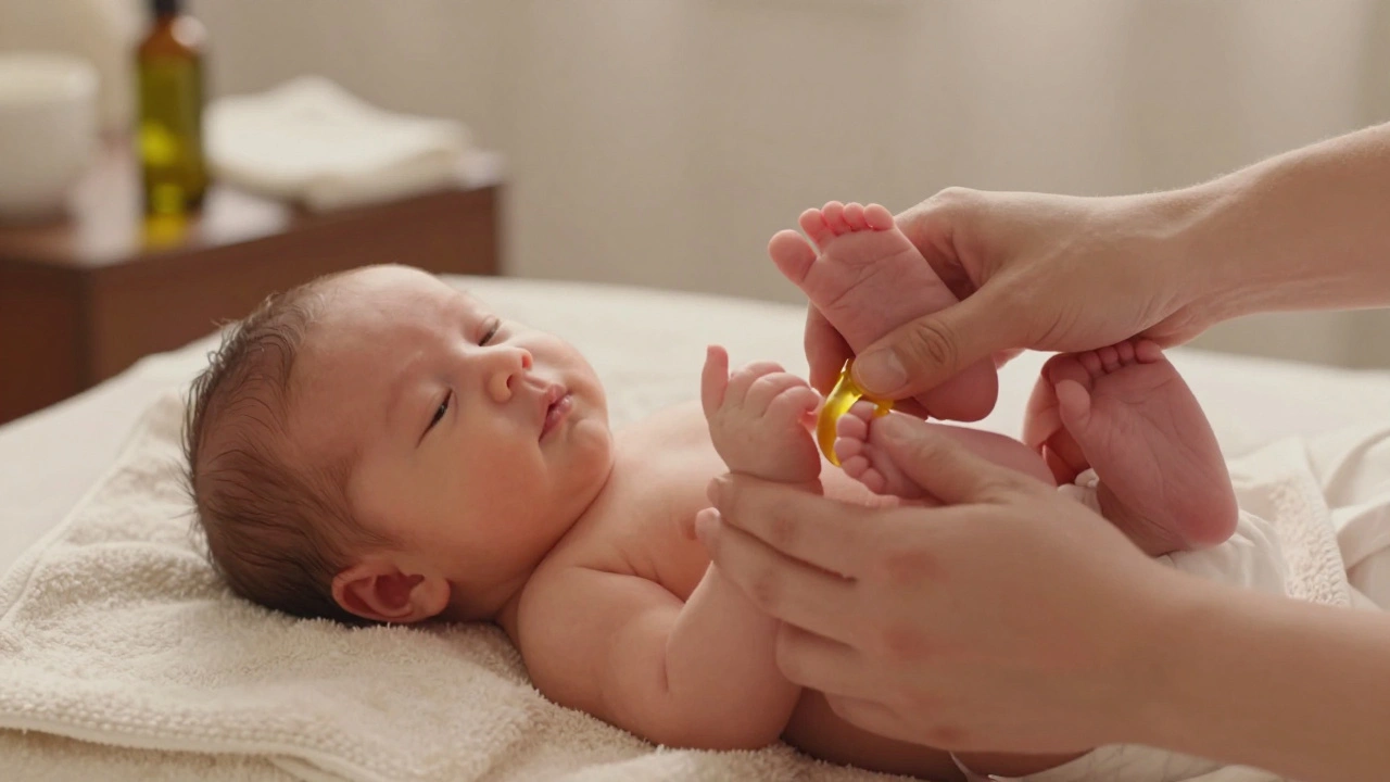 Rodič jemně masíruje nožičky novorozence teplým olejem v klidné místnosti.