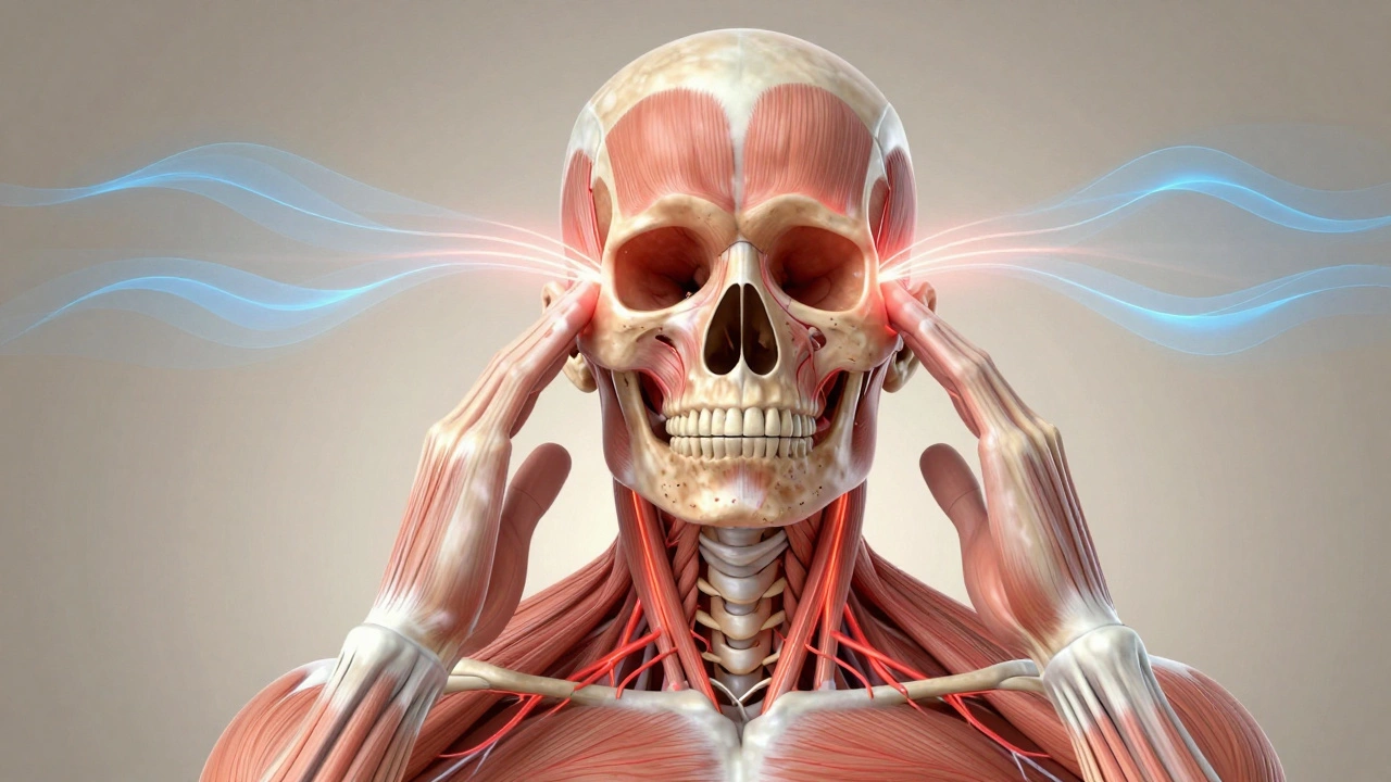 Stylizovaný náčrt svalů a nervů v krku a hlavě, které způsobují migrénu.