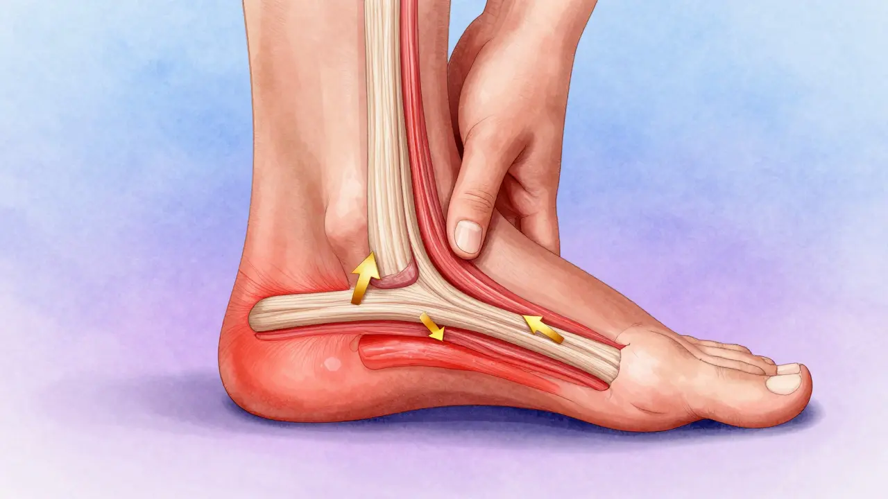 Vnitřní výřez nohy s viditelnou zánětlivou plantární fascií a masážní technikou.