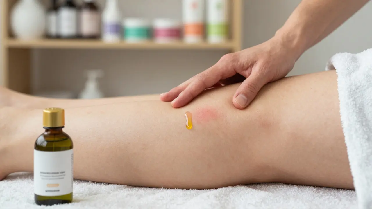 Detail stehna po anticelulitidní masáži s mírně zčervenalou kůží a kapkou oleje.