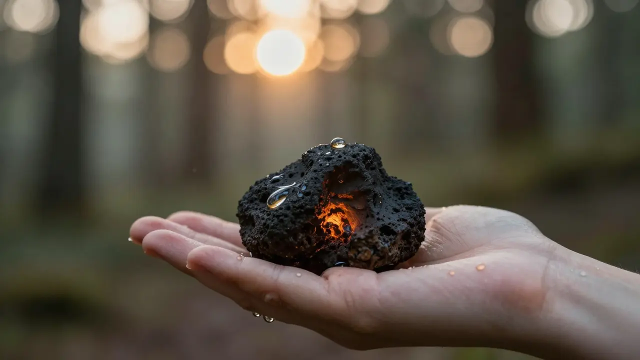 Jeden lávový kámen na dlani, zářící jemným teplem, v přírodním prostředí.