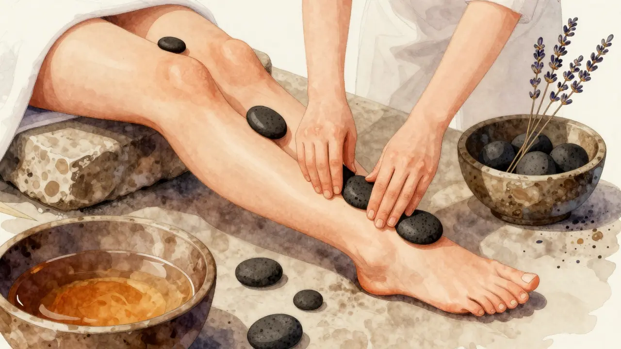 Masér pomalu posouvá lávové kameny po noze klienta v klidném prostředí.