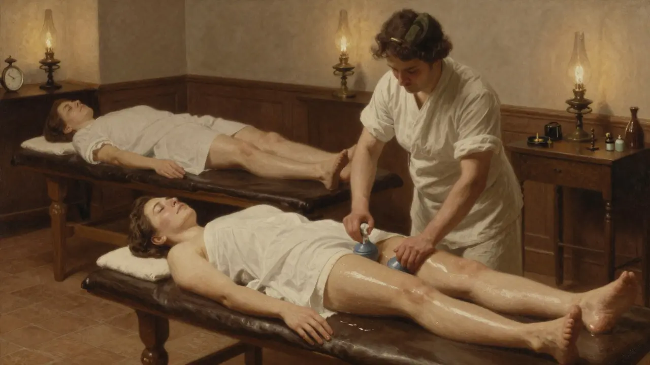 Pacienti v 19. století podstupují vodní masáž ve francouzské kúrně.