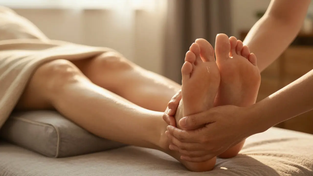 Partner jemně masíruje nohy těhotné ženy, pohyby směrem od kotníků k kyčlím, s použitím oleje a podložkou pod břichem.