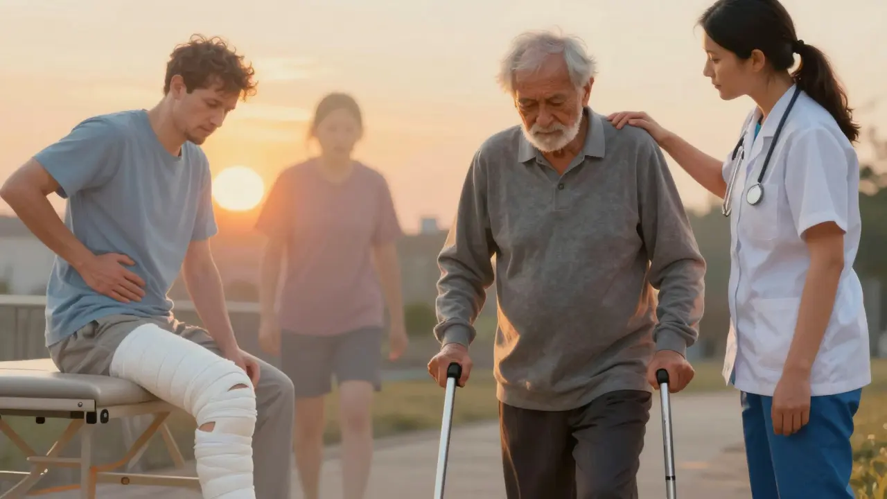 Starší pacient se vrací k pohybu po úspěšné rehabilitaci s podporou terapeuta.