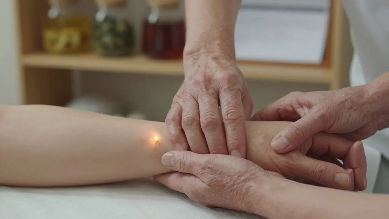 Terapeut jemně masíruje předloktí pacientky s osteoporózou, obě ruce se dotýkají jen lehce.