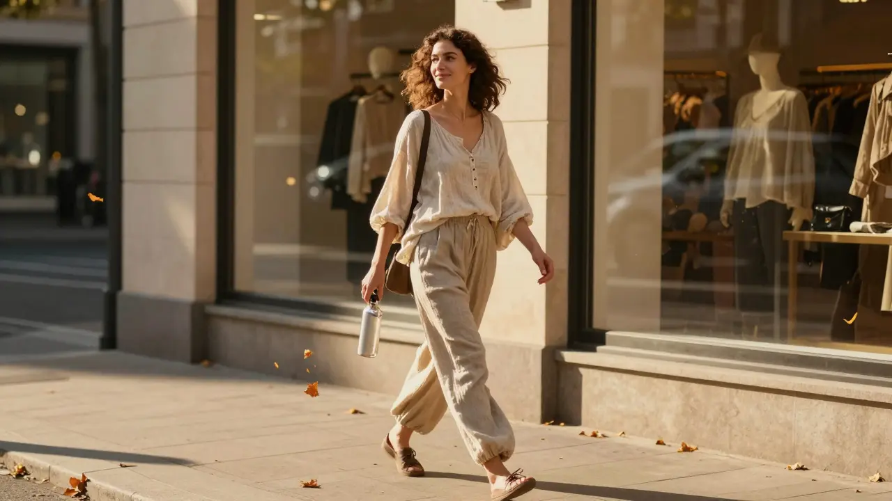 Žena kráčí domů po masáži, hledí do zrcadla v obchodním okně s větší sebevědomostí.