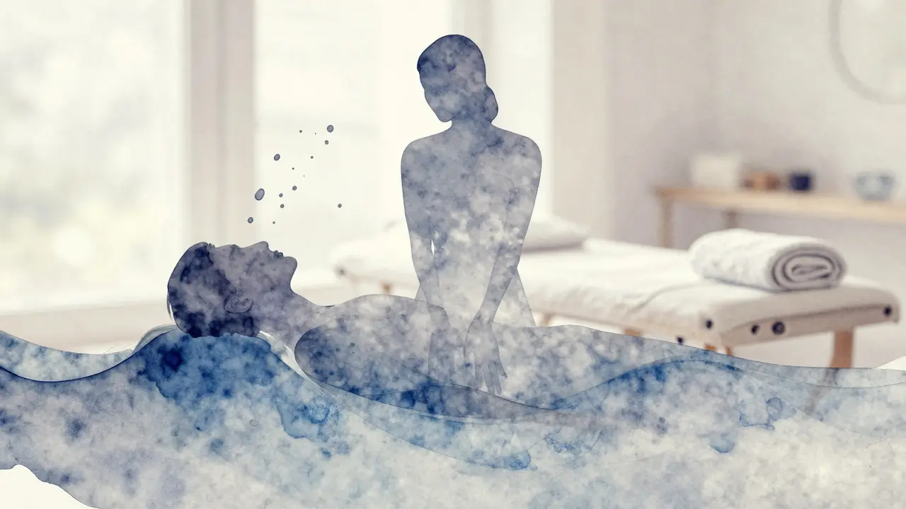 Abstraktní obraz člověka, jehož tělo se mění v vlny vody, symbolizující uvolnění napětí.