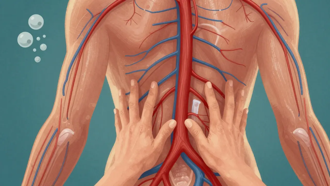 Anatomical illustration showing improved blood and lymph flow during sports massage