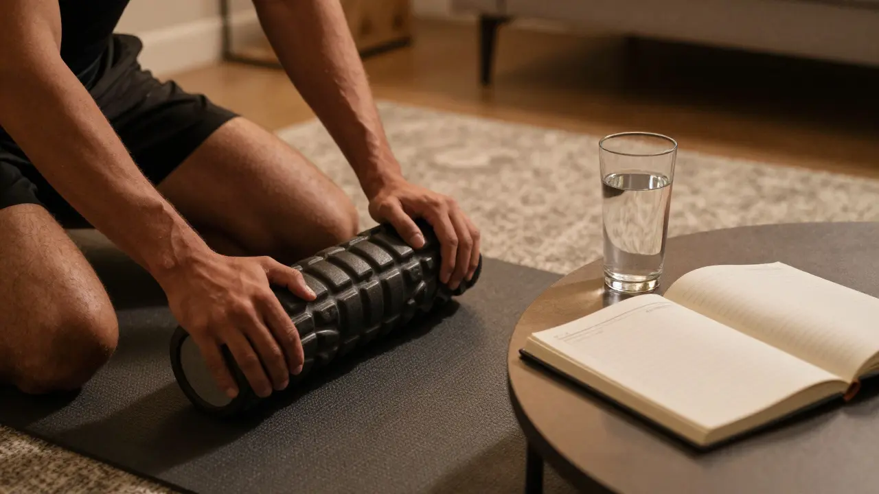 Athlete using foam roller at home with water and recovery journal nearby