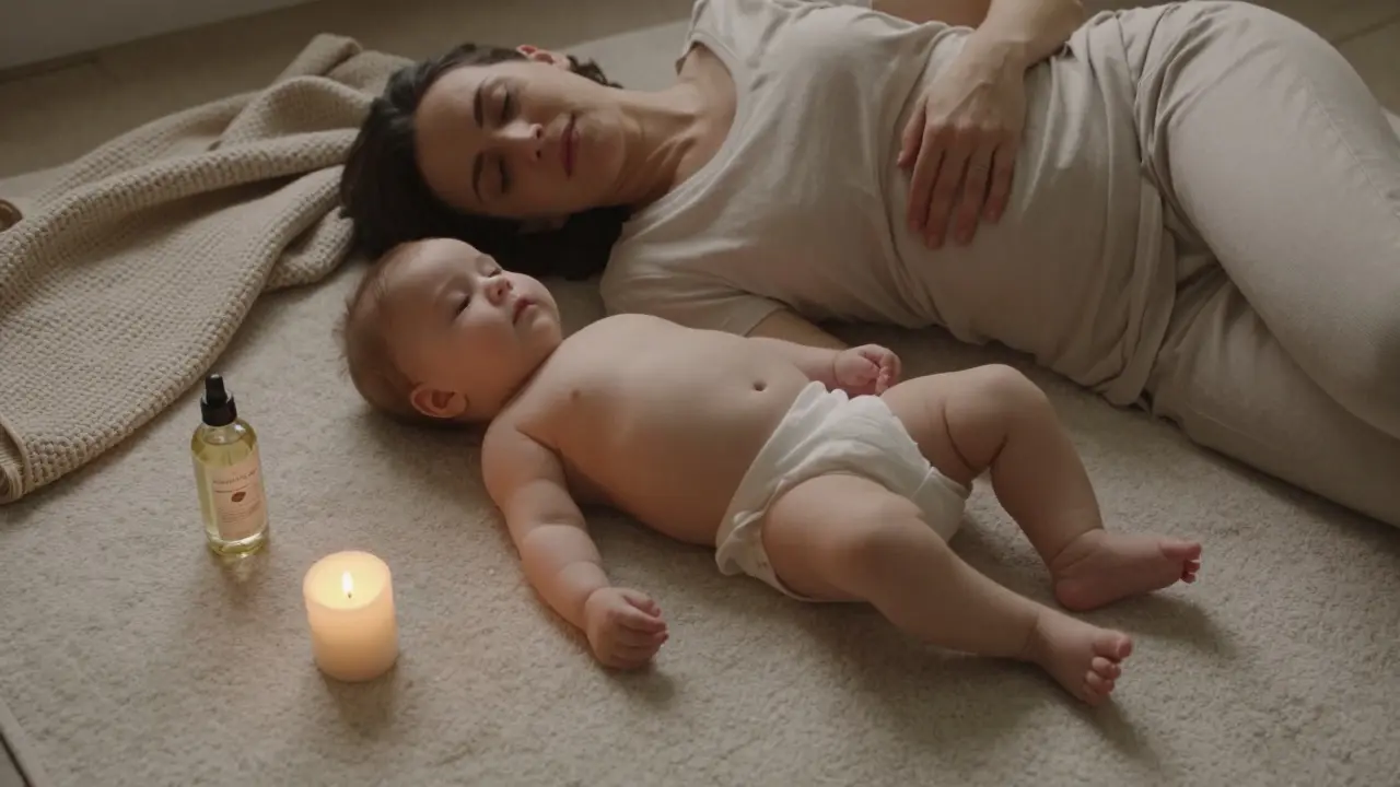 Máma a dítě spolu leží na zemi, ruka mámy na bříšku dítěte, oba klidně dýchají.