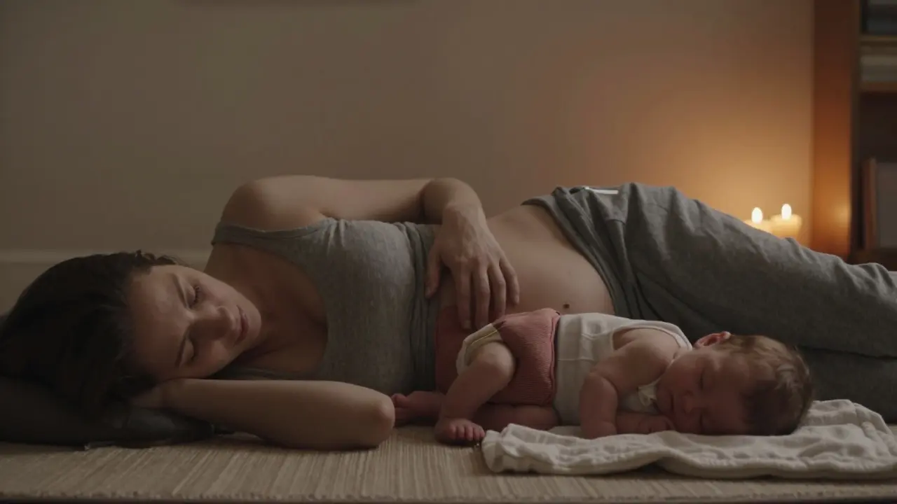 Máma leží na boku a jemně hladí svou pánev, zatímco její dítě spí vedle ní.