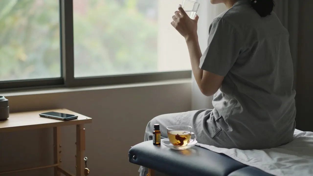 Osoba pije vodu po masáži u okna, telefon leží vypnutý na polici, klidná atmosféra.