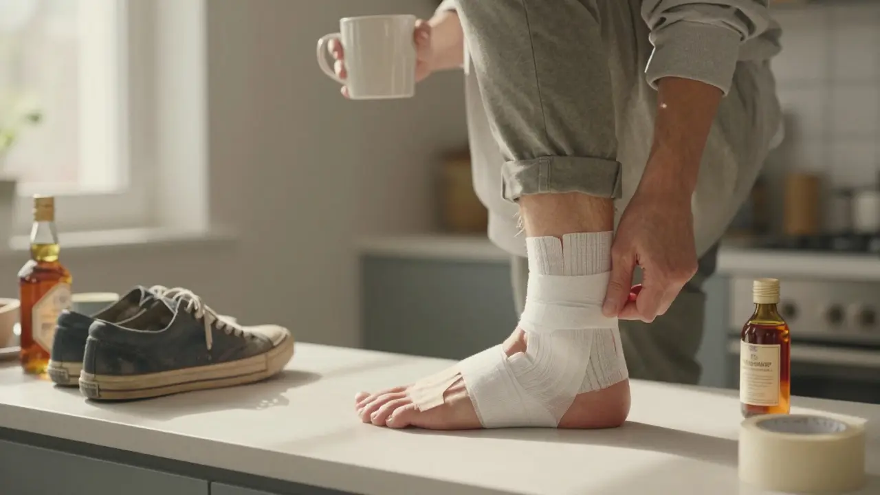 Osoba si tejpuje kotník doma, drží kávu a vidí se špatně opotřebované tenisky.