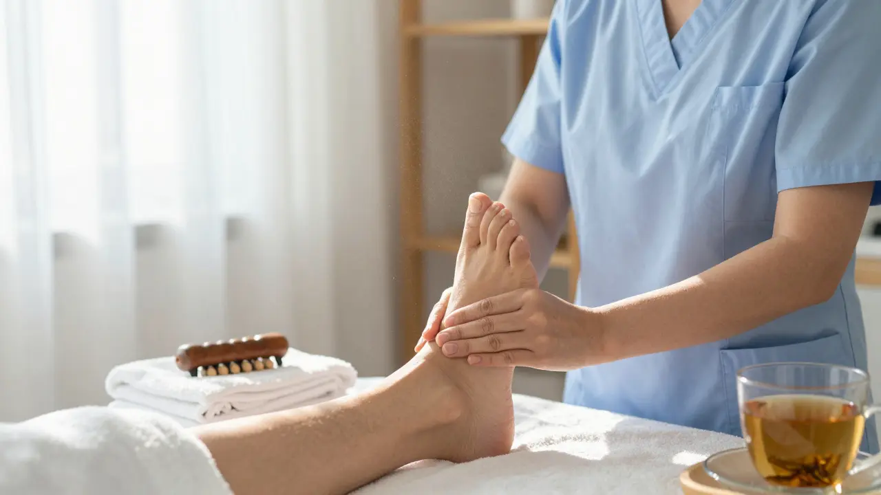 Profesionální maséřka provádí jemnou reflexní masáž nohy pacientovi v klidné klinice.
